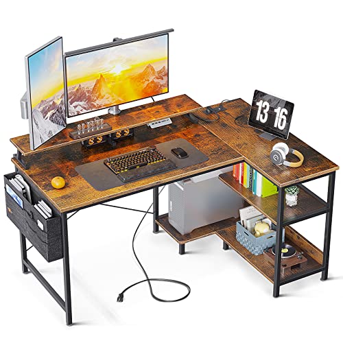 ODK 48 Inch Computer Desk with USB Charging Port & Power Outlet, L-Shaped Corner Desk with Storage Shelves & Monitor Shelf for Home Office Workstation, Modern Writing Table, Vintage