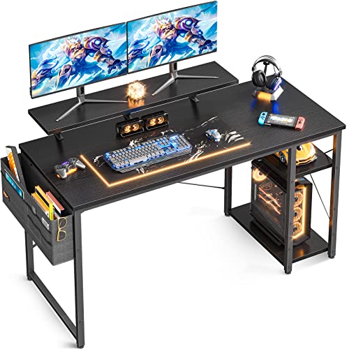 ODK 55 Inch Home Office Computer Desk with Monitor Stand and Reversible 2-Tier Storage Shelves, Modern Laptop Workstation with Splice P2 Grade Wooden Board, Black Desk with Shelves