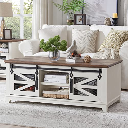 OKD 48'' Coffee Table with Storage & Sliding Barn Doors, Farmhouse & Industrial Cocktail Table w/Adjustable Shelves, Modern Rectangular Rustic Living Room Table for Living Meeting Room, Antique White