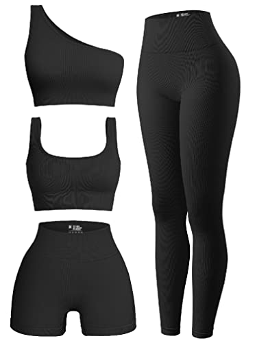 OQQ Women's 4 Piece Ribbed Exercise Scoop Neck Sports One Shoulder High Waist Legging Active Set Bra Shorts Outfit, Black, Small