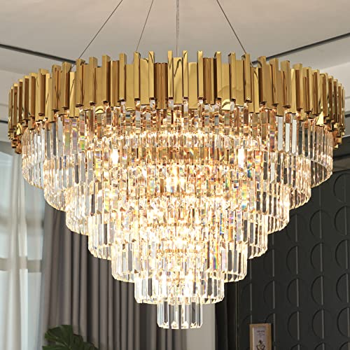 OSAIRUOS Large Crystal Chandelier Modern Round Chandeliers for Living Room Foyer Bedroom 7-Tier 21-Lights Raindrop Chandelier Lighting Fixture Hanging Stainless Steel Plated Gold W39.4