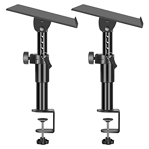 OUKMIC Clamp On Desktop Speaker Stand Holder Pair, Heavy Duty Audio Studio Monitor Stands Riser Tilt Height Adjustable, Universal Desk Mount Shelf Tray for Subwoofer Surround Sound Bookshelf Laptop