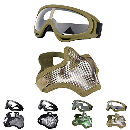 Outgeek Airsoft Half Face Mask Steel Mesh and Goggles Set for Halloween and Xmas (Khaki Set) 1