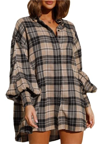 Oversized Button Down Shirts Dress for Women Lapel Plaid Jacket Flannel Boyfriend Blouse Tops Beige and Gray XL