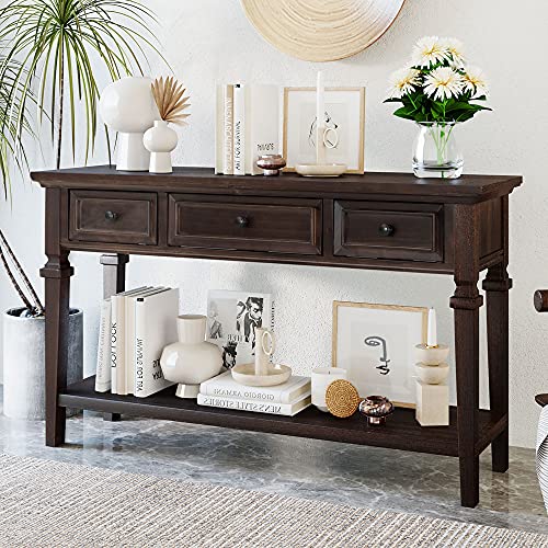 P PURLOVE Console Table with Drawers and Shelf, Sofa Table Entryway Table for Entryway Living Room Hallway (Espresso)