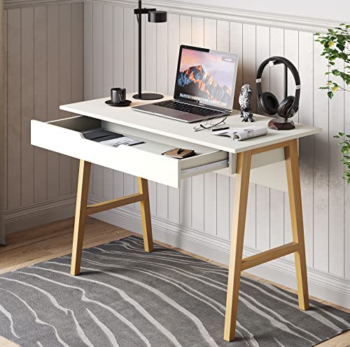 Parma 42 Inch Modern Desk - Home & Office Small Computer Desk with Wide Drawer - Wooden Study Writing Minimalist Desk with Storage for Small Space, Bedroom & Workstations - Student Desk/Table (White)