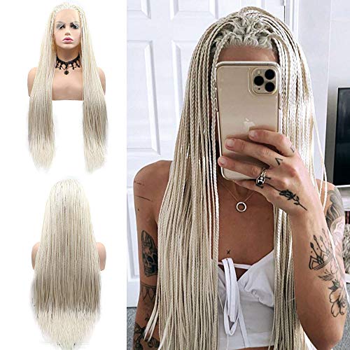 Pastel Blonde Box Braided Wigs Handmade Long Braids Hair White Blonde Synthetic Lace Front Wig Heat Safe Long Braids Drag Queen Holiday Party Pastel Blonde Hair