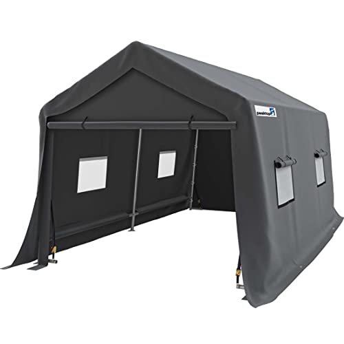 PEAKTOP OUTDOOR 10X10ft Heavy Duty Storage shelter&Outdoor Carport,Portable Storage Shed with Front and Rear Roll-Up Zipper Entry Doors and 4 Roll-Up Side Windows,Gray