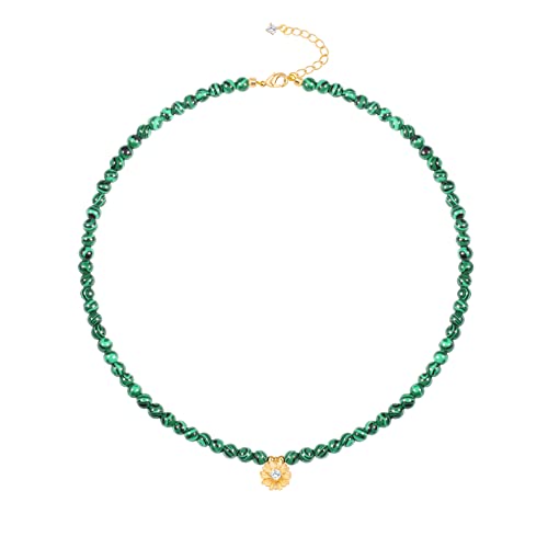 PERNNLA PEARL Protection Malachite Crystal Beaded Necklace for Women Cute Daisy Flower Gold Pendant Choker Necklace for Girl Dainty Handmade Boho Jewelry 15”