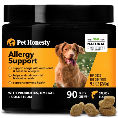 Pet Honesty Dog Allergy Relief Immunity Chews – Omega-3 Salmon Fish Oil Supplement, Probiotics for Dogs, Seasonal Allergies, Skin + Coat Health, Intermittent Itchiness (Salmon)