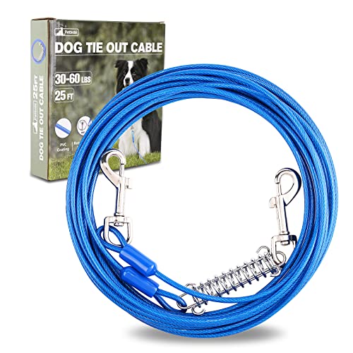 Petbobi Dog Tie Out Cable, 25ft Dog Tether for Yard, Camping, No Tangle Leash with Heavy Duty Buffer Spring, Chew Proof Wire Rope with PVC Coating, Suitable for Medium Large Dogs up to 60LBS, Blue