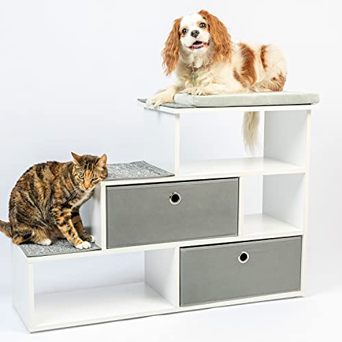 PetFusion Pet Step Window Perch Bookshelf w/ Storage Baskets | 28” Tall Dog & Cat Perch, 8” Stair Height | Multi-Functional Modern Pet Furniture w/ Carpeted Step Pads & 1” Thick Premium Foam Perch Pad