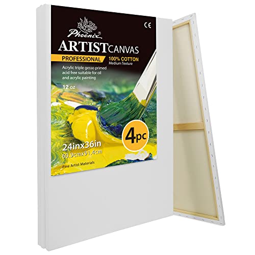 PHOENIX 24x36 Inch / 4 Pack Stretched Canvases - Professional Level 3/4 Inch Profile 100% Cotton Heavy Weight Gesso Triple Primed White Blank Extra Large Artist Canvas for Oil & Acrylic Paints