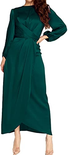 PINUPART Women's Elegant Empire Waist Long Sleeve Satin Maxi Dress S Emerald Green