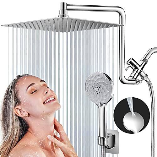 PinWin 12'' Dual Shower Head,Upgraded Rain Shower Head with 12'' Adjustable Extension Arm and 6-Setting Handheld Shower Head Combo,Powerful High Pressure Shower Spray Against Low Pressure Water,Chrome