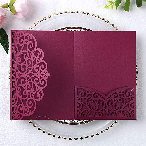 PONATIA 5.12 x 7.2 Laser Cut Invitation Pocket, 20PCS Tri-Fold 5 x 7 Laser Cut Wedding Invitation Pockets with Envelopes for Wedding Bbay Shower Birthday Sweet 16 Invite (Burgundy, No Inner Sheet)