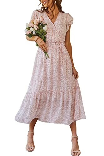 PRETTYGARDEN Women's 2023 Floral Summer Dress Wrap V Neck Short Sleeve Belted Ruffle Hem A-Line Bohemian Maxi Dresses (Pink,Small)