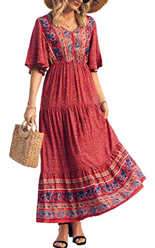 PRETTYGARDEN Women's Casual Summer Boho Floral Print Dress V Neck Short Sleeve High Waist Long Maxi Beach Dresses (Red Floral,Medium)