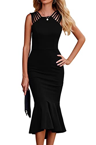 PRETTYGARDEN Women's Elegant Midi Bodycon Dress Sleeveless Backless Ruffle Hem Mermaid Formal Cocktail Wedding Guest Dresses (Black,Small)