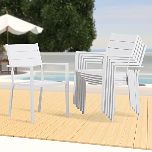 PRIVATE GARDEN Outdoor Dining Chair Set of 6 Modern Aluminum Stackable Chairs Patio Dining Chair with Powder-Coating Weather-Resistant Coffee Chairs for Outside Indoor Use - White