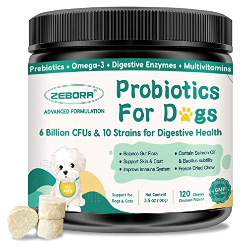 Probiotics for Dogs Digestive Health, Dog Probiotics and Digestive Enzymes, Prebiotics, Omega-3 & 6, Vitamin for Dogs, 6 Billion CFUs for Gut Health, Itchy Skin, Immune Support, 120 Freeze Dried Chew