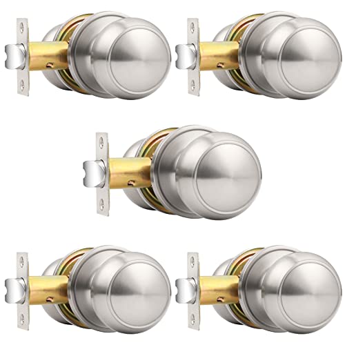 Probrico Brushed Nickel Passage Door Knobs Round Handles for Hall or Closet Knobs Keyless Hardware, 5 Pack