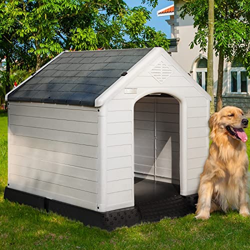 PUKAMI Plastic Dog House Outdoor Indoor,Durable Dog House for Small Medium Large Dogs,Waterproof Dog Houses with Elevated Floor and Air Vents,Ventilate & Easy Clean and Assemble(Grey, 42inch)