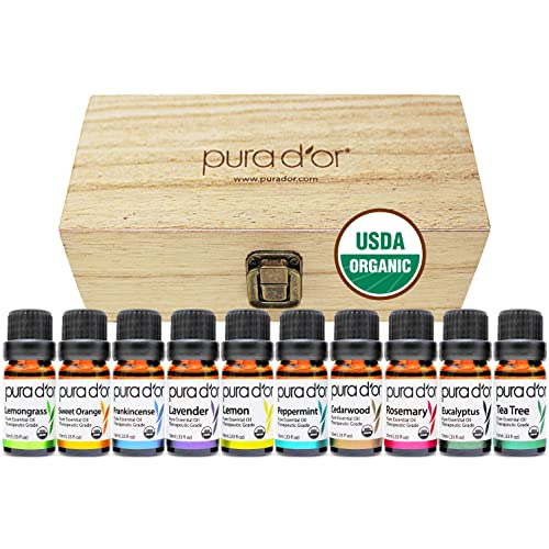 PURA D'OR Organic Essential Oils Set of 10 10ml Perfect10 Wood Box Gift Set, 100% Pure Therapeutic Grade Aromatherapy for Home Diffusers (Lavender, Tea Tree, Eucalyptus, Lemon, Cedarwood, Lemongrass)