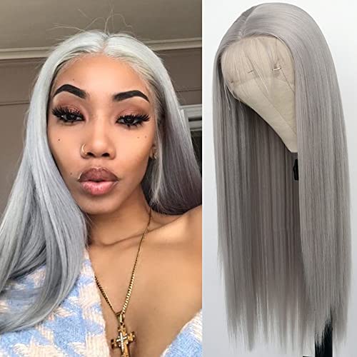 QD-Tizer Grey Lace Front Wigs Long Straight Hair Grey Color Glueless Heat Resistant Fiber Hair Synthetic Lace Front Wigs for Fashion Women