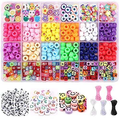 QUEFE 661pcs Pony Beads for Bracelet Making Kit, Kandi Beads for Jewelry Making, Polymer Clay Beads Smile Face Beads Letter Beads for Jewelry Making, DIY Arts and Crafts Gifts, Set for Girls 8-12