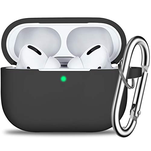 R-fun AirPods Pro Case Cover with Keychain, Full Protective Silicone Skin Accessories for Women Men Girl with Apple 2019 Latest AirPods Pro Case, Front LED Visible-Black