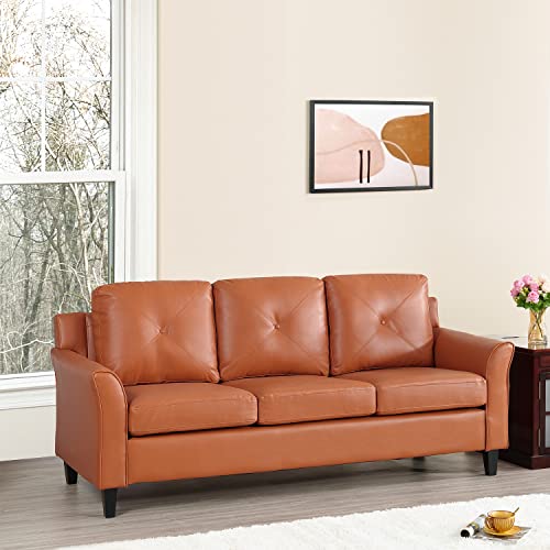 Raelynn Button Tufted Sofa Affordable Caramel Modern Sofa for Budget-Conscious Buyers Air Leather Couch for Small Spaces Durable Sturdy Living Room Furniture Tool-Free Assembly and Easy Maintenance