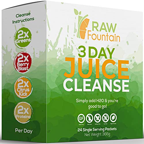 Raw Fountain 3 Day Juice Cleanse Detox, 24 Powder Packets, Travel and Vegan Friendly, 4 All Natural Flavors, Includes Protein (3 Day)