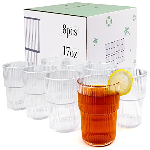 REALWAY Plastic Tumblers, Unbreakable Ribbed Glasses,17OZ Origami Style Drinking Cup, Reusable Plastic Glasses Drinking Dishwasher Safe, Clear Acrylic Cups -Stackable- for Kitchen Poolside, Set of 8