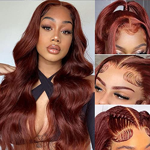 Reddish Brown Lace Front Wigs Human Hair 22Inch Body Wave Transparent 13x4 Lace Frontal Wig 180% Density Colored Auburn Brown Lace Front Human Hair Wigs for Black Women Pre Plucked with Baby Hair