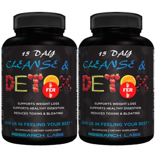 Research Labs 15 Day Colon Cleanse & Detox for Less Bloat Flat Tummy w/Probiotics - 2 Fer 1 - Constipation Relief - Flushes Toxins, Boosts Energy. Clinically Researched Safe and Effective Formula