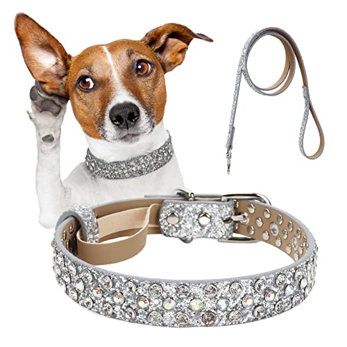 Rhinestone Dog Collar, Bling Diamond Pet Collars with Leash Adjustable, Dazzling Sparkly Crystal Studded Microfiber Leather Spiked Puppy Collar Cute for Small and Medium Large Girl Dogs Cats