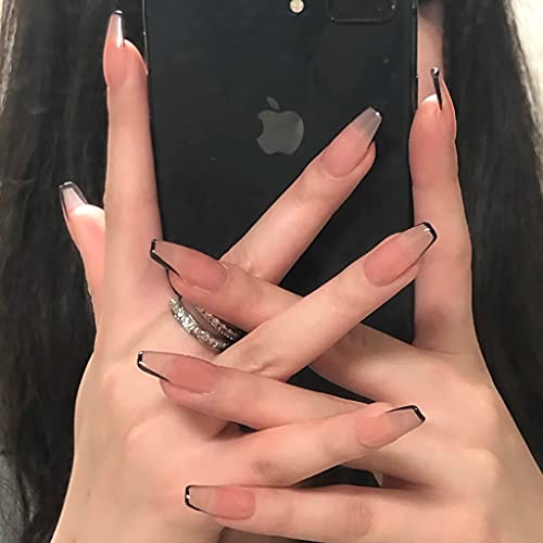 RikView Press on Nails Medium Length French Acrylic Nails Coffin Fake Nails Black Nails Tips Nude Full Cover Nails(Clear)