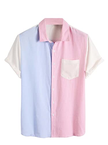 Romwe Men's Colorblock Short Sleeve Shirts Pocket Front Button Down Shirt Top Pink Blue XL