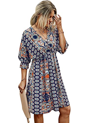 Romwe Women's Boho Tribal Print Short Sleeve V Neck Tie Back Summer Shift Dress Blue XL