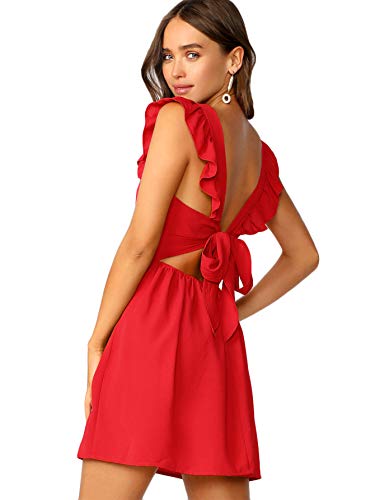 Romwe Women's Cute Tie Back Ruffle Strap A Line Fit and Flare Flowy Short Dress Bright-red Small
