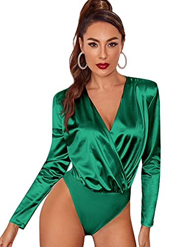 Romwe Women's Satin Long Sleeve Wrap V Neck Bodysuit Jumpsuit Emerald Green M