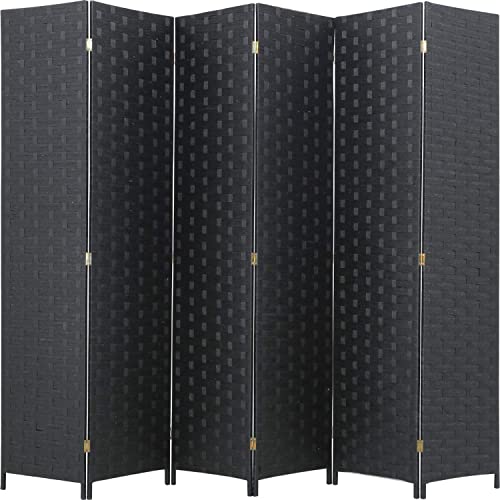 Room Divider Wood Screen 6 Panel Folding Portable Partition Screen Wood Mesh Woven Design Room Screen Divider Screen Wood for Home Office (Black)