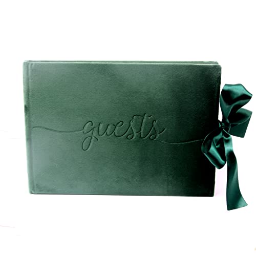 Rosh Pinnah Luxury Velvet Guest Book (96 Pages) - Sign-in Registry Guestbook & Keepsake & Polaroids Album Book – Velvet Hard Cover with Satin Ribbon - 7” x 10" (Green)