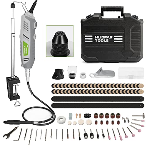 Rotary Tool Kit, 200W 1.8 AMP Huepar Tools with Flex Shaft 222pcs Accessories include MultiPro Keyless Chuck, 6 Variable Speed 10000-40000RPM Electric Drill Set for Crafting Projects and DIY Creations