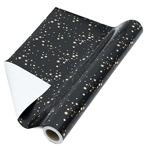 RUSPEPA Wrapping Paper Roll - Gold Foil Star Black Background Design for Wedding, Birthday, Shower, Congrats, and Holiday - 17 Inches X 32.8 Feet