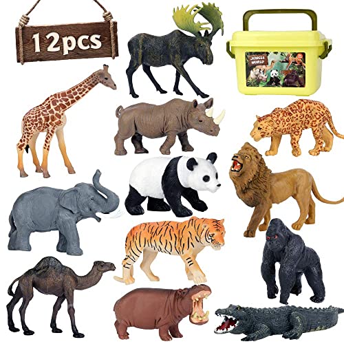 Safari Animal Toys Figures, 12 PCS Realistic Jumbo Wild Jungle Animals Figurines, Large African Zoo Animal Playset with Lion,Elephant,Giraffe, Plastic Animal Learning Toys for Kids Toddlers Boys Girls