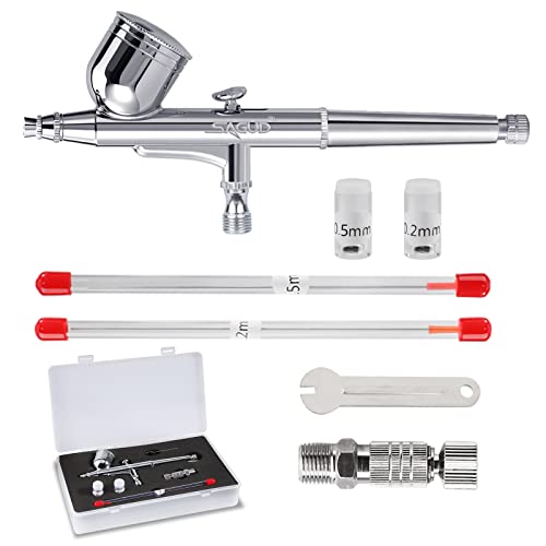 SAGUD Airbrush Kit 0.3mm Dual-Action Air Brush Gun with Extra 0.2mm & 0.5mm Nozzles Needle Air Caps and Quick Release Disconnect Coupler