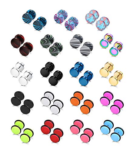 sailimue 19 Pairs Stainless Steel Men Earrings Studs Ear Piercing Plugs Tunnel Screw Design Fake Gauges Earrings Flat Back Stud Earring Set for Men Women