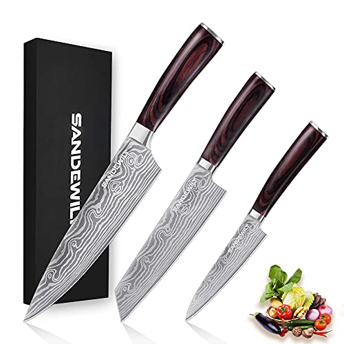 SANDEWILY Professional Kitchen Knives High Carbon Stainless Steel Chef Knife Set,3PCS Ultra Sharp Japanese Knife with Sheath,Ergonomic Pakkawood Handle Elegant Gift Box for Home or Restaurant